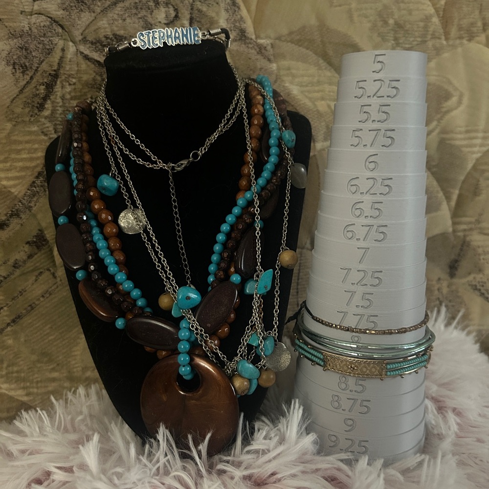 Turquoise & Wood Multi-Strand Necklace + Bangles + Stephanie Name Bracelet